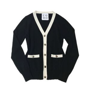 CODO Women's S Button Down Cardigan Sweater Black Cream 100% Cashmere Old Money